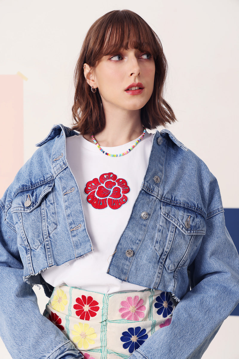 TEE - RED PEONY EMBROIDERED